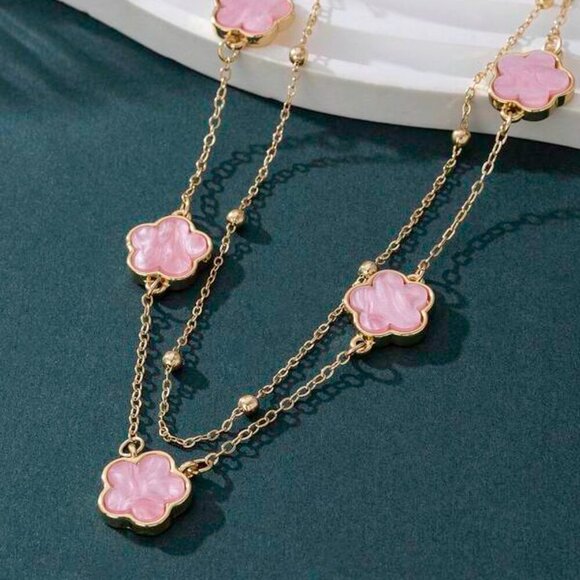 14K Gold Filled Pink Clover Double Chain Necklace - Picture 3 of 5